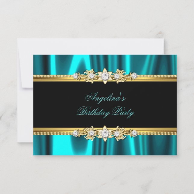 Elegante aquamarin-blaue Gold Black Birthday Party Einladung (Vorderseite)