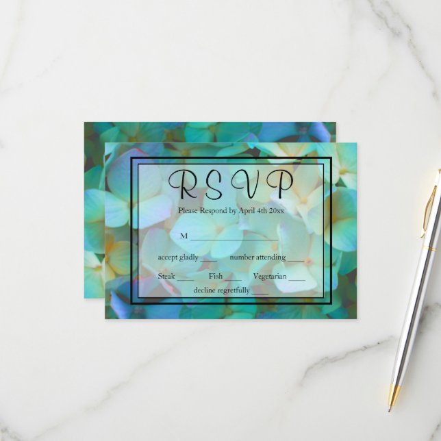 Elegante Aquamarin-blaue Hydrangeas-Blume UAWG RSVP Karte (Vorderseite/Rückseite Beispiel)