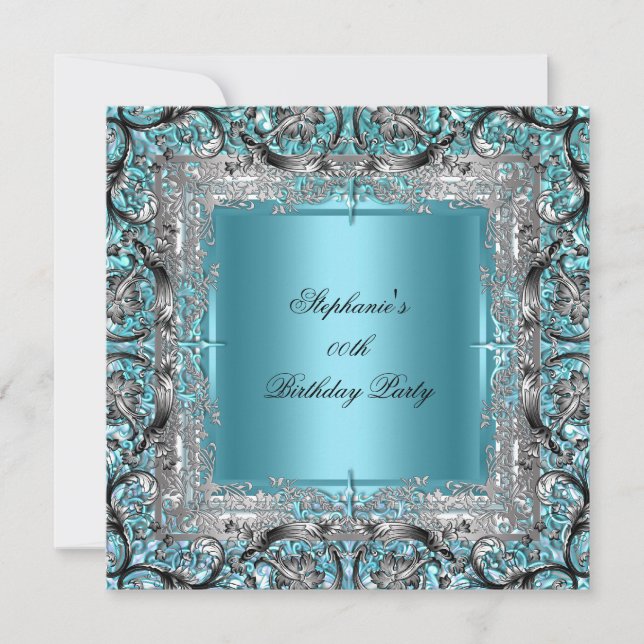 Elegante Aquamarin Blue Birthday Party Silver Blac Einladung (Vorderseite)