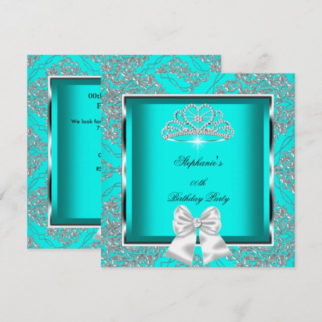 Elegante Aquamarin Blue Damask Silver Birthday Par Einladung (Vorne/Hinten)