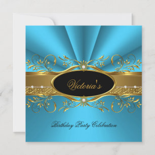 Elegante Aquamarin Blue Gold Black Birthday Party Einladung