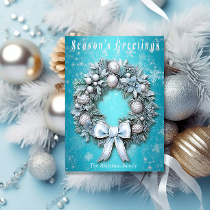Elegante Aquamarin Blue & Silver Wreath Weihnachte Feiertagspostkarte