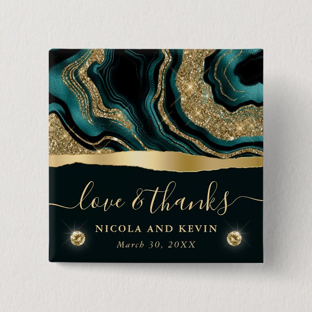 Elegante Aquamarin Foil and Gold Glitzer Agate Wed Button (Vorderseite)