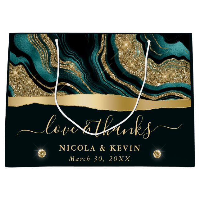 Elegante Aquamarin Foil and Gold Glitzer Agate Wed Große Geschenktüte (Vorderseite)