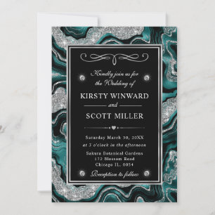 Elegante Aquamarin Foil & Silver Glitzer Agate Wed Einladung