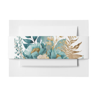 Elegante Aquamarin- & Goldfloralappitation Bauchba Einladungsbanderole