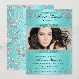 Elegante Aquamarin & Silver Floral 16 . Geburtstag Einladung