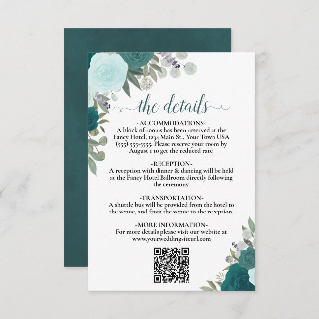 Elegante Aquamarin- und Aqua-Rose Hochzeitdetails  Begleitkarte (Vorne/Hinten)