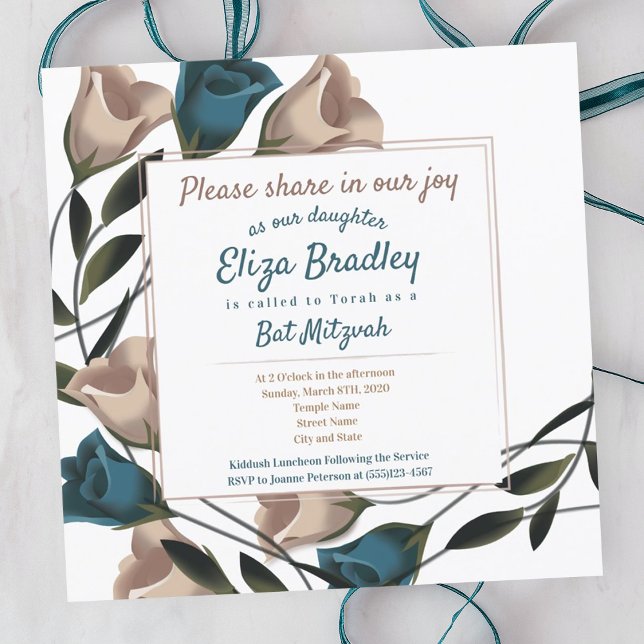 Elegante Aquamarine, beige Rose Bat Mitzvah Einlad Einladung (Teal roses, leafy green vines botanical garden bat mitzvah invitations, foliage, calligraphy )