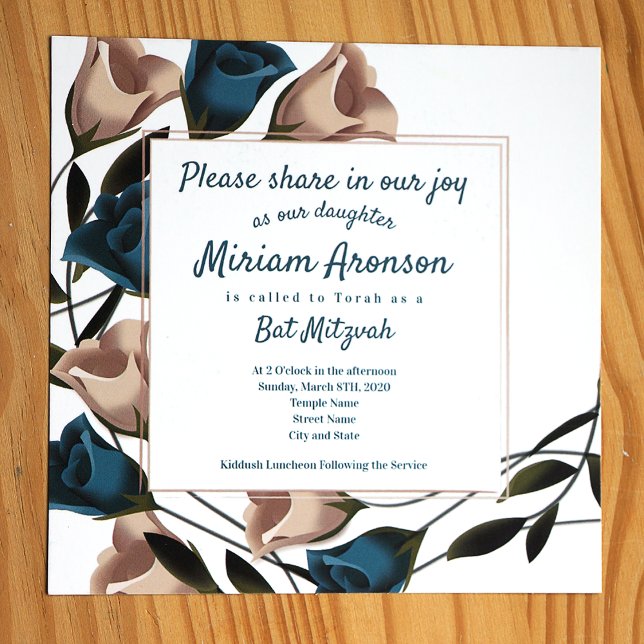 Elegante Aquamarine Beige Rose Bat Mitzvah Einladu Einladung (Teal and beige roses botanical bat mitzvah invitation)