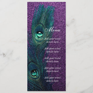 Elegante Aquamarine Blaue Lila Pfauenhochzeit Menükarte