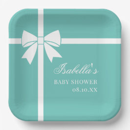 Elegante Aquamarine Blu-Weiß-Ribbon Bow Babydusche Pappteller