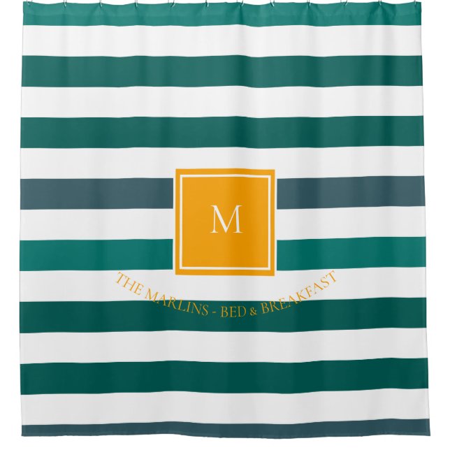 Elegante Aquamarine Blues White Striped Monogram B Duschvorhang (Vorderseite)