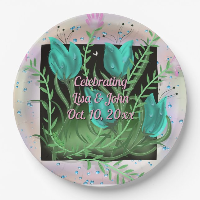 Elegante Aquamarine Blume Hochzeiten Teller (Vorderseite)