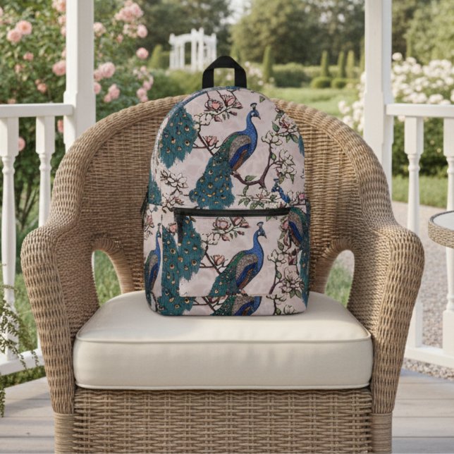 Elegante, Aquamarine Blume Peacocks & Magnolia Ros Bedruckter Rucksack (Chic Blue & Teal Peacock in Magnolia Tree with Flowers on Blush Pink. Elegant Floral Pattern for Her)
