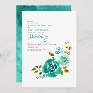 Elegante Aquamarine Blütenhochzeit Einladung