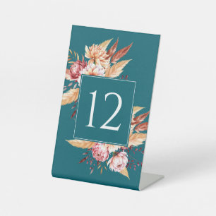 Elegante Aquamarine Boho Floral Wedding Tischnumme Sockelschild