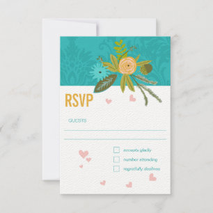 Elegante Aquamarine Damask Türkis Pink GoldWedding RSVP Karte