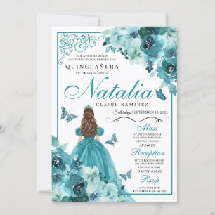 Elegante Aquamarine Flora Quinceanera Birthday Ein Einladung