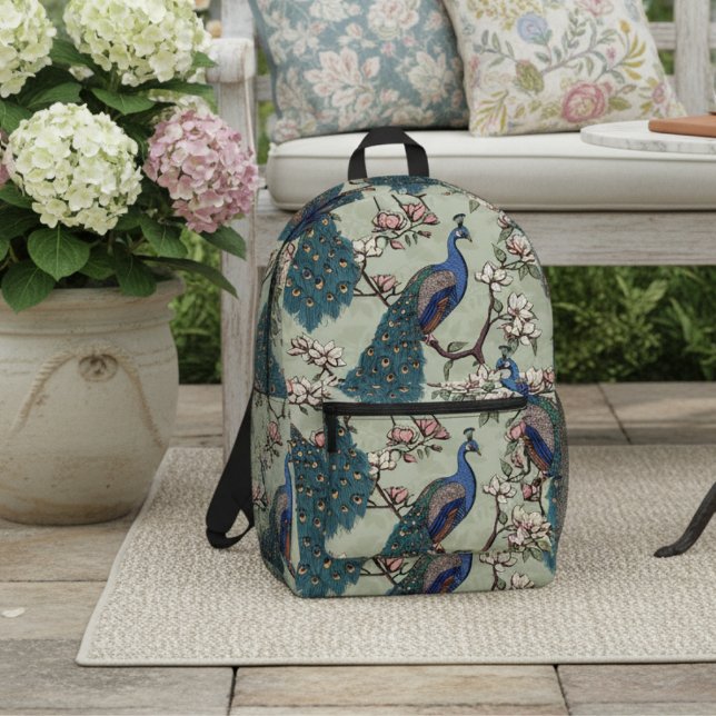 Elegante, Aquamarine Friedenstruppen & Magnolia Bl Bedruckter Rucksack (Chic Blue & Teal Peacock in Magnolia Tree with Flowers on Sage Green. Elegant Floral Pattern for Her)