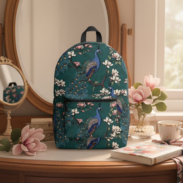 Elegante, Aquamarine Friedenstruppen & Magnolia Bl Bedruckter Rucksack (Chic Blue & Teal Peacock in Magnolia Tree with Flowers on Dark Teal. Elegant Floral Pattern for Her)