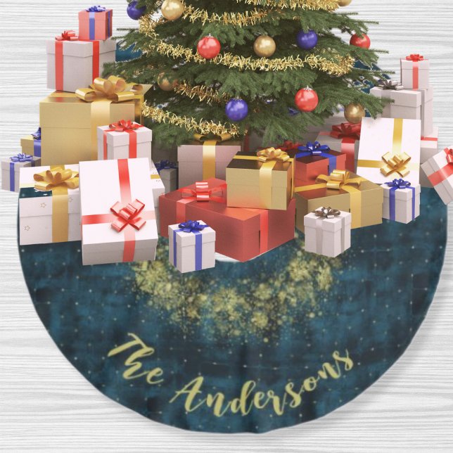 Elegante Aquamarine Goldmedaille Schneeflocken Sam Polyester Weihnachtsbaumdecke (Von Creator hochgeladen)