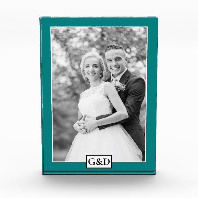 Elegante aquamarine Grenz und Initialen Hochzeit Fotoblock (Vorderseite)