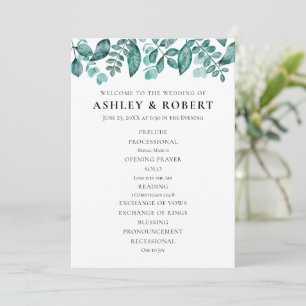 Elegante Aquamarine Grünflächen Blätter Hochzeit Programm