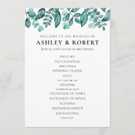 Elegante Aquamarine Grünflächen Blätter Hochzeit Programm