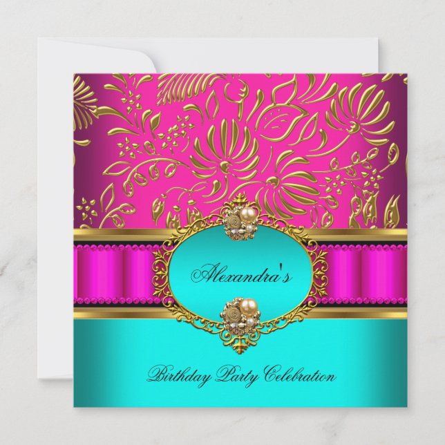 Elegante Aquamarine Hot Pink Gold Damask Geburtsta Einladung (Vorderseite)