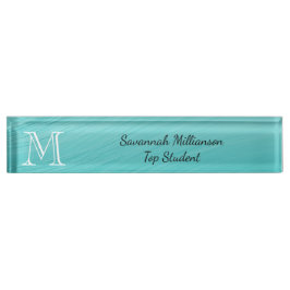 Elegante Aquamarine Imitate Metal Monogram Student Namensplakette