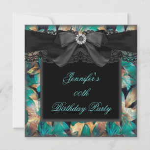 Elegante Aquamarine Jade Floral Black Lace Geburts Einladung