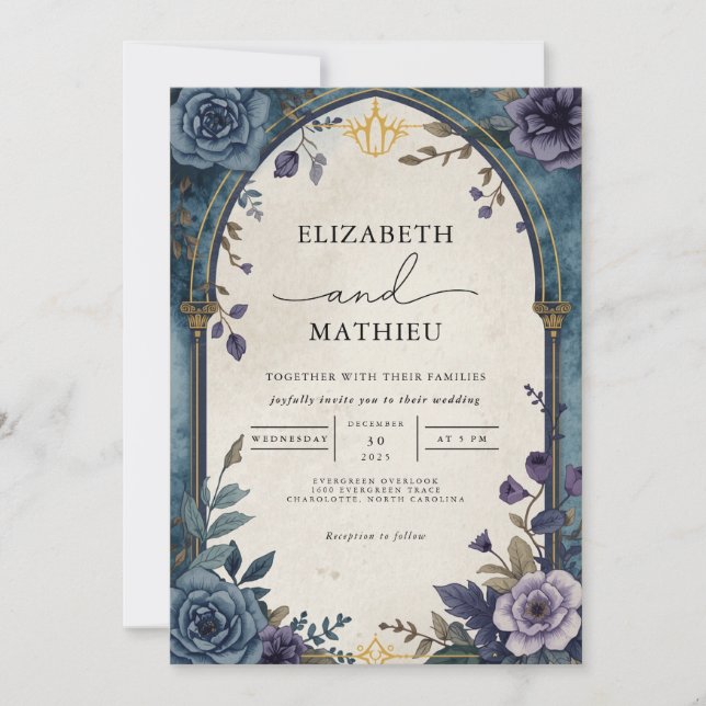 Elegante Aquamarine Lila Botanische Blumenhochzeit Einladung (Vorderseite)