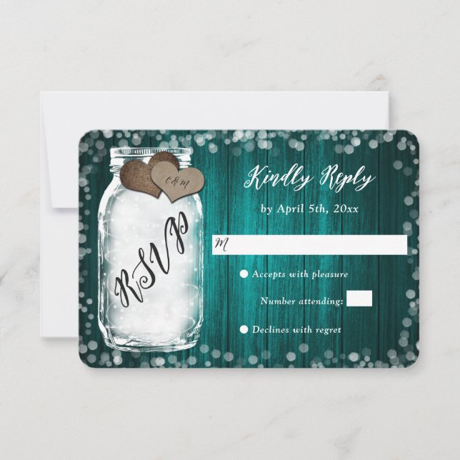 Elegante Aquamarine Mason Jar Wood Wedding RSVP Ca (Vorderseite)