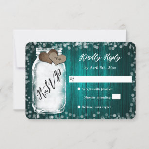 Elegante Aquamarine Mason Jar Wood Wedding RSVP Ca