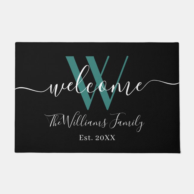 Elegante Aquamarine Monogram Name Script Hochzeit Fußmatte (Vorderseite)