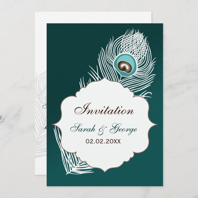 Elegante, aquamarine Pfauenhochzeit Einladung (Vorne/Hinten)