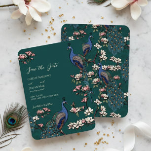 Elegante Aquamarine Pfauenhochzeit Save The Date