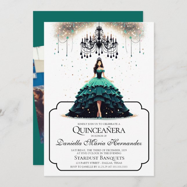 Elegante Aquamarine Quinceañera Einladung (Vorne/Hinten)
