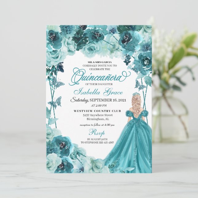 Elegante Aquamarine Quinceanera Einladung (Stehend Vorderseite)