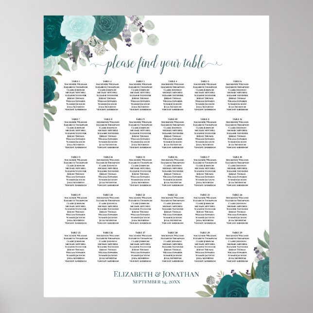Elegante Aquamarine Rose 30 Tafelsitzkarten Poster (Vorne)