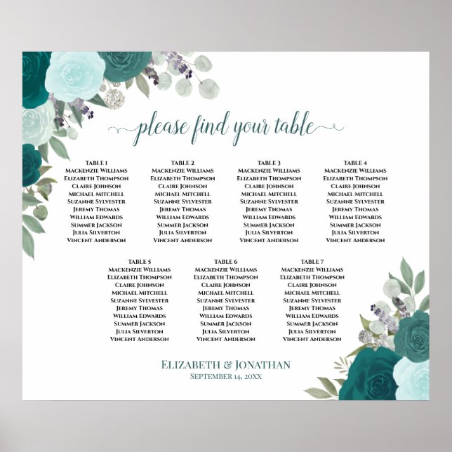 Elegante Aquamarine Rose 7 Tabelle Seating Chart Poster (Vorne)
