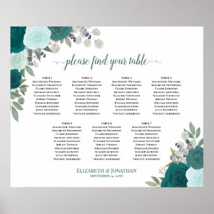 Elegante Aquamarine Rose 7 Tabelle Seating Chart Poster
