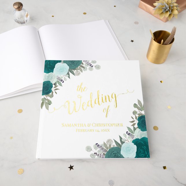 Elegante Aquamarine Rose & Aqua Boho Gästebuch (Vorderseite Offen)