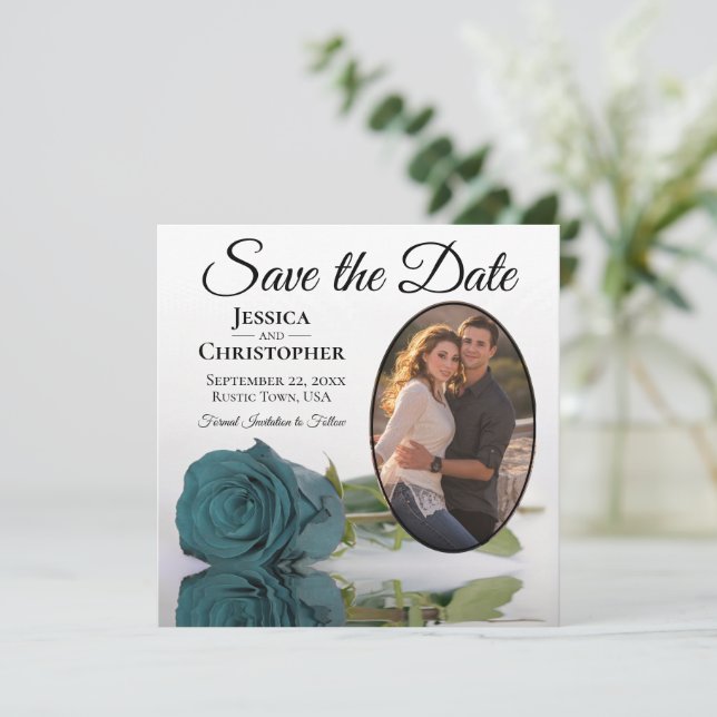 Elegante Aquamarine Rose auf Weiß mit Oval Foto Ho Save The Date (Stehend Vorderseite)
