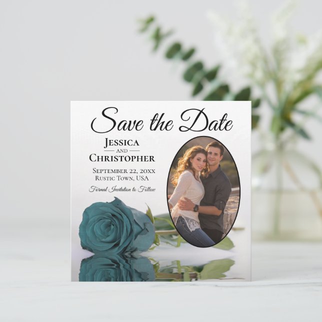 Elegante Aquamarine Rose auf Weiß mit Oval Foto Ho Save The Date (Stehend Vorderseite)