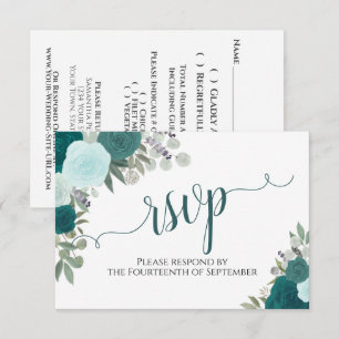 Elegante Aquamarine Rose Blumenkalligraphie Hochze RSVP Karte