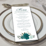 Elegante Aquamarine Rose Boho Chic Hochzeit Menükarte<br><div class="desc">Dieses schöne Menü wird Ihrem Hochzeitsempfang etwas mehr Stil verleihen. Es zeichnet sich durch ein wunderschönes, schicke Blumendesign aus, mit handgemalten Aquarellfarben-Rose in aquamarinen, türkisfarbenen, aqua- und zyanfarbenen Tönen, sowie durch die Blätter von Eukalyptus und die Grünpflanzen des Gartens. Es gibt Platz für die Namen des Paares und das Hochzeitstag,...</div>