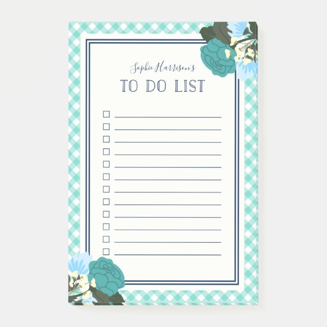 Elegante Aquamarine Rose floral Gingham zu tun Lis Post-it Klebezettel (Vorderseite)