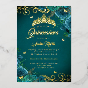 Elegante Aquamarine Rose Swirl Gold Quinceanera Folieneinladung